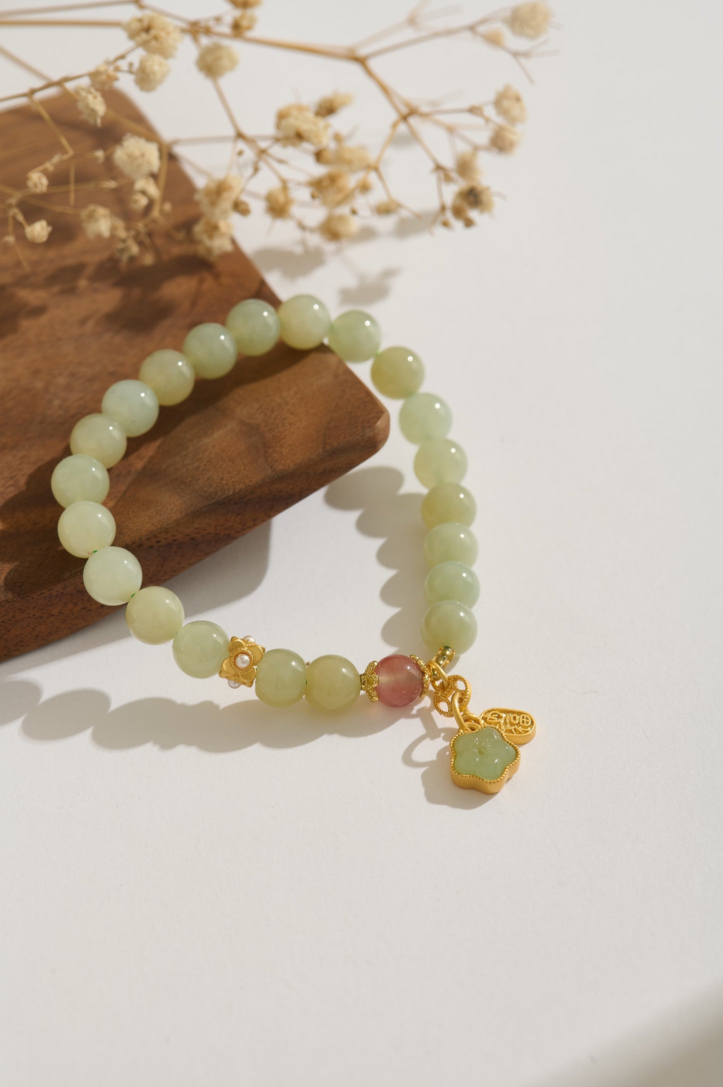 Premium Natural Hetian Jade Bracelet with Icy Southern Red Agate & Gold Clover Charm | Handmade High-Grade Jade Beaded Jewelry