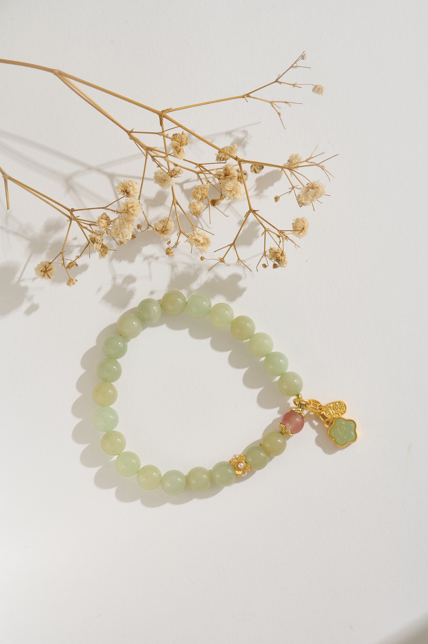Premium Natural Hetian Jade Bracelet with Icy Southern Red Agate & Gold Clover Charm | Handmade High-Grade Jade Beaded Jewelry