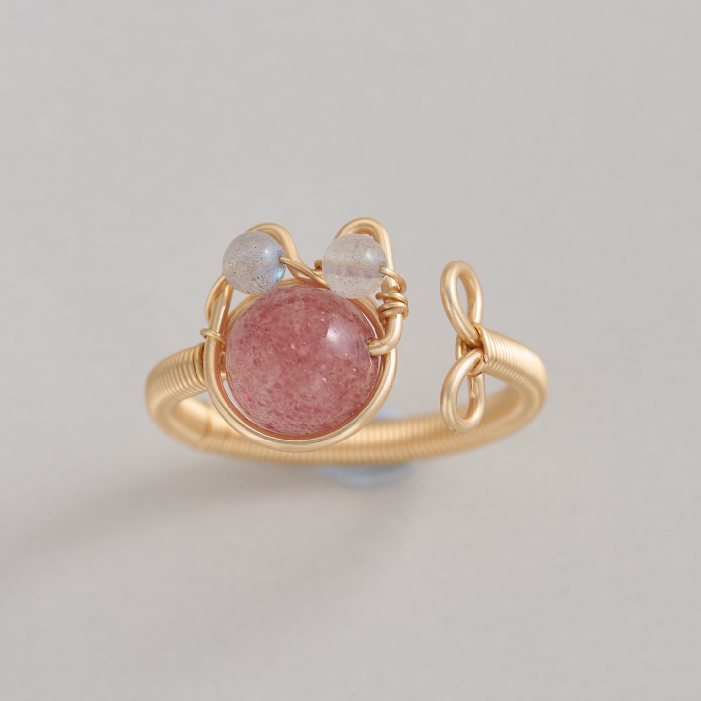 Cat Ear Wire Wrapped Ring – Natural Gemstone Adjustable Ring with Freshwater Pearls | Handmade 14K Gold Filled Jewelry Gift for Her