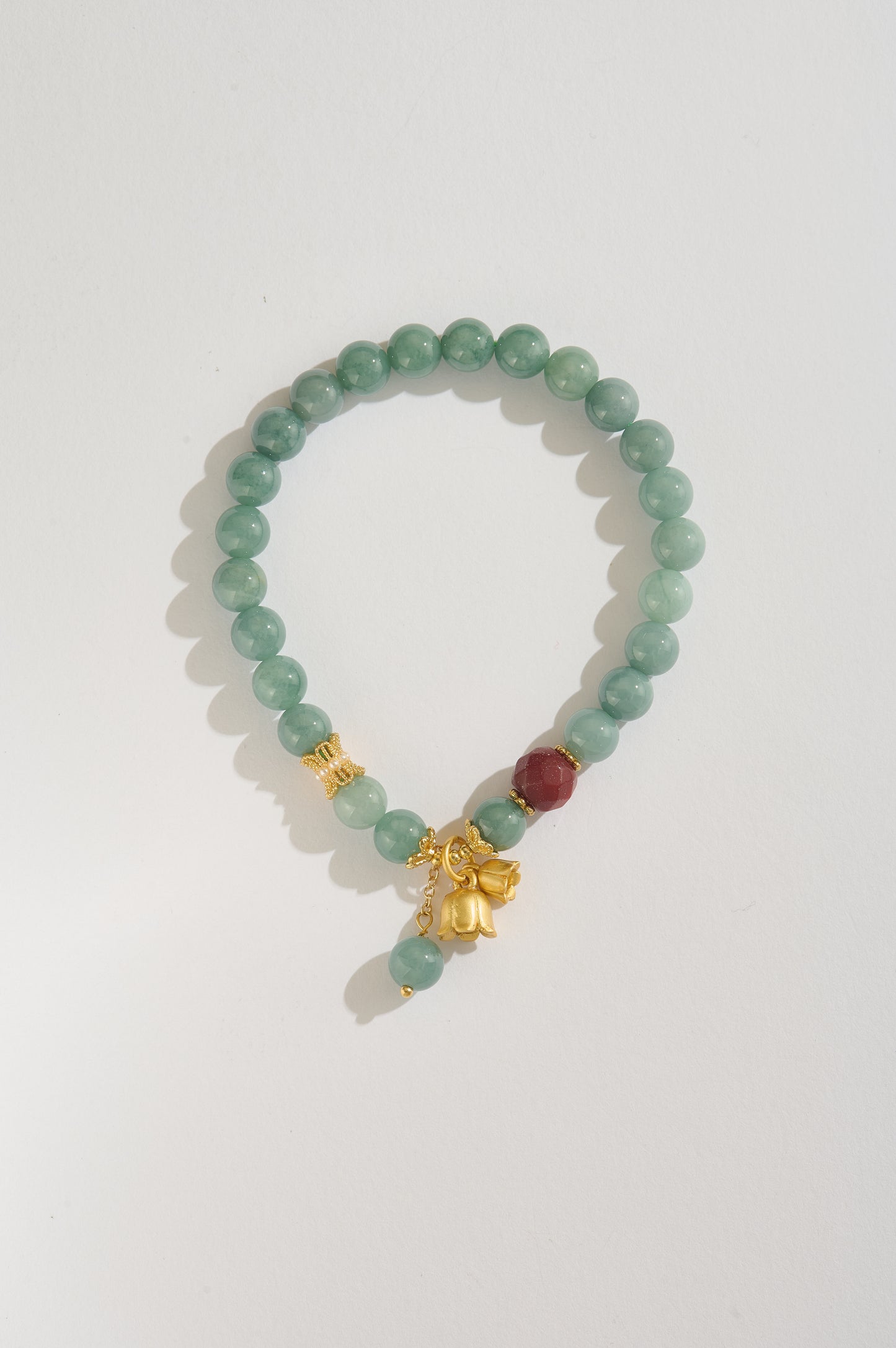 Natural Jadeite Jade Bracelet with Red Agate & Gold Lily Charms – High-Grade Burmese Type A Jade Beaded Bracelet for Women