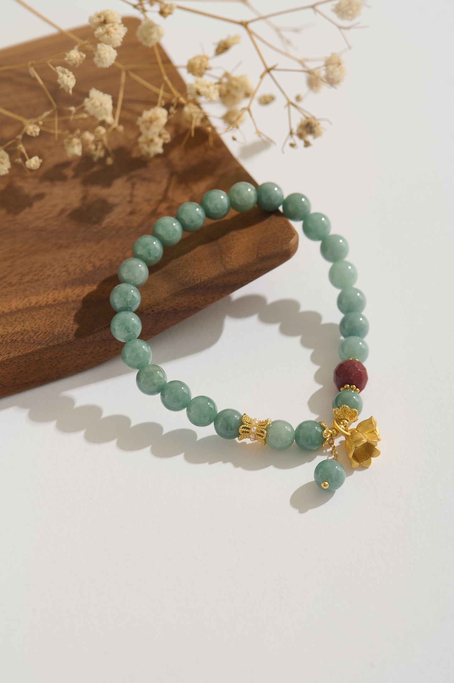 Natural Jadeite Jade Bracelet with Red Agate & Gold Lily Charms – High-Grade Burmese Type A Jade Beaded Bracelet for Women