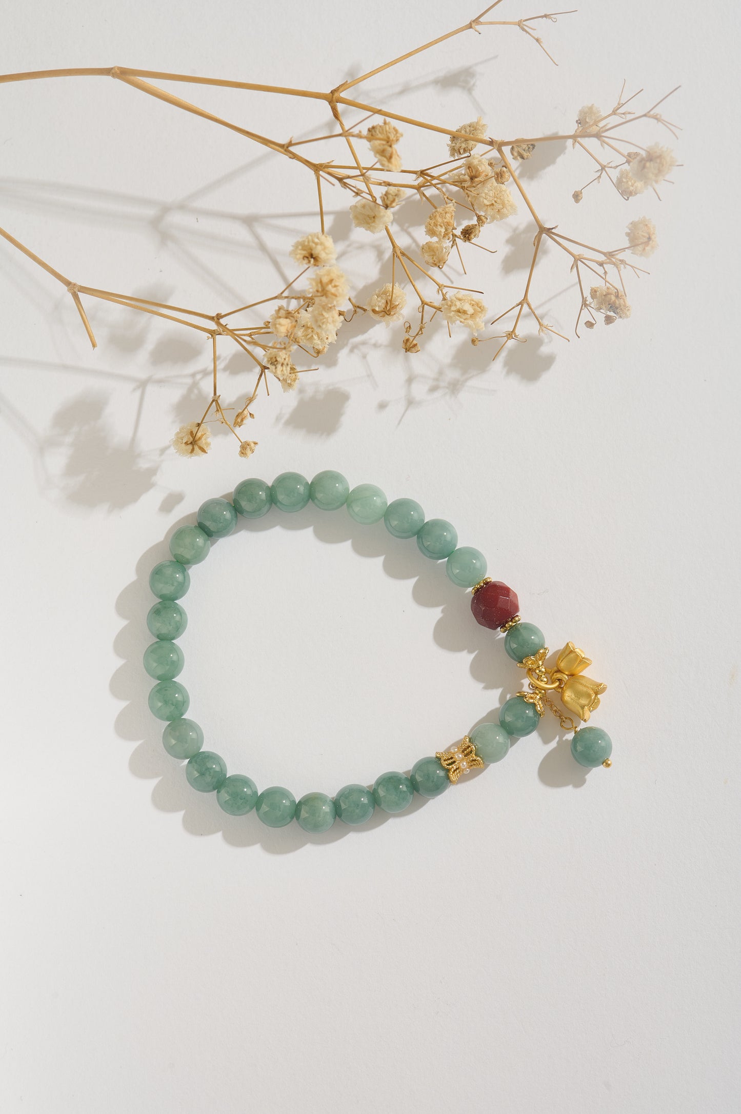 Natural Jadeite Jade Bracelet with Red Agate & Gold Lily Charms – High-Grade Burmese Type A Jade Beaded Bracelet for Women