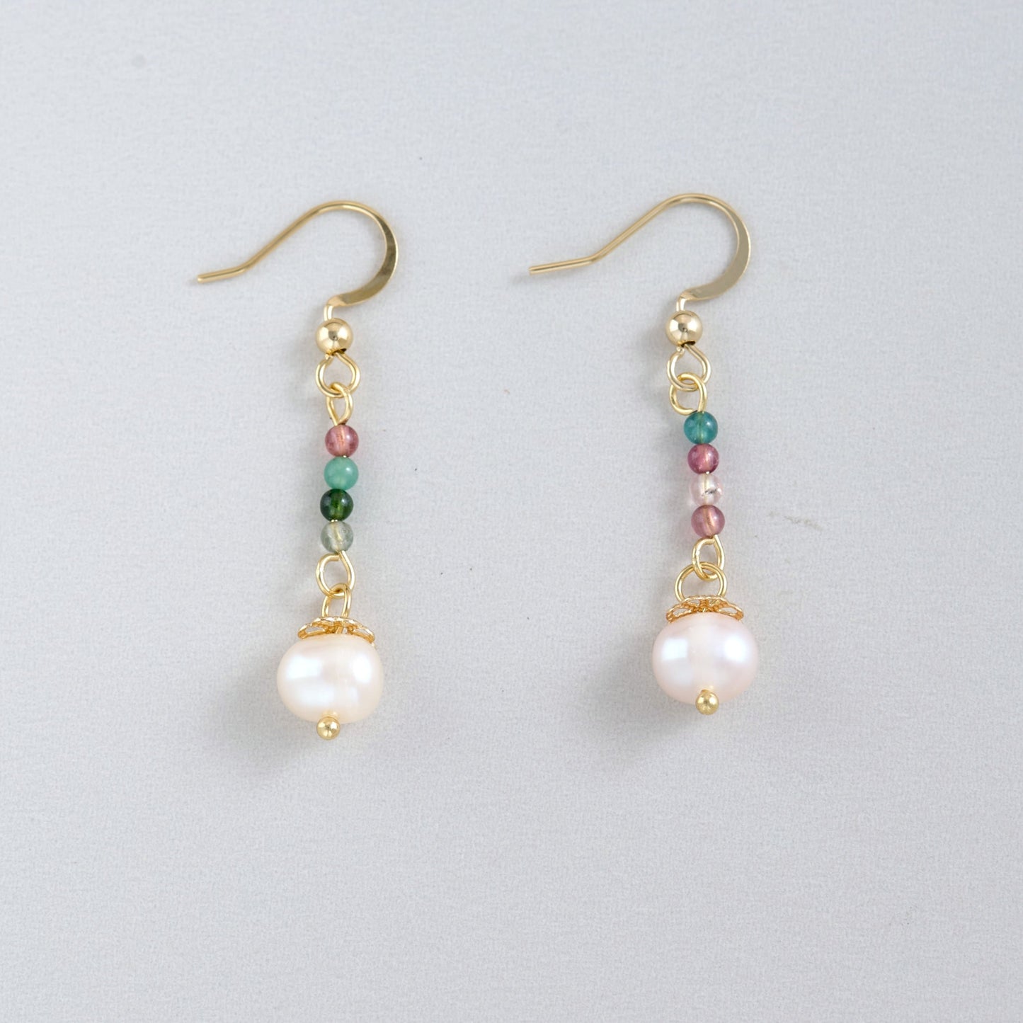 Handmade 14K Gold-Filled Wire Earrings with Natural Tourmaline & Freshwater Pearl