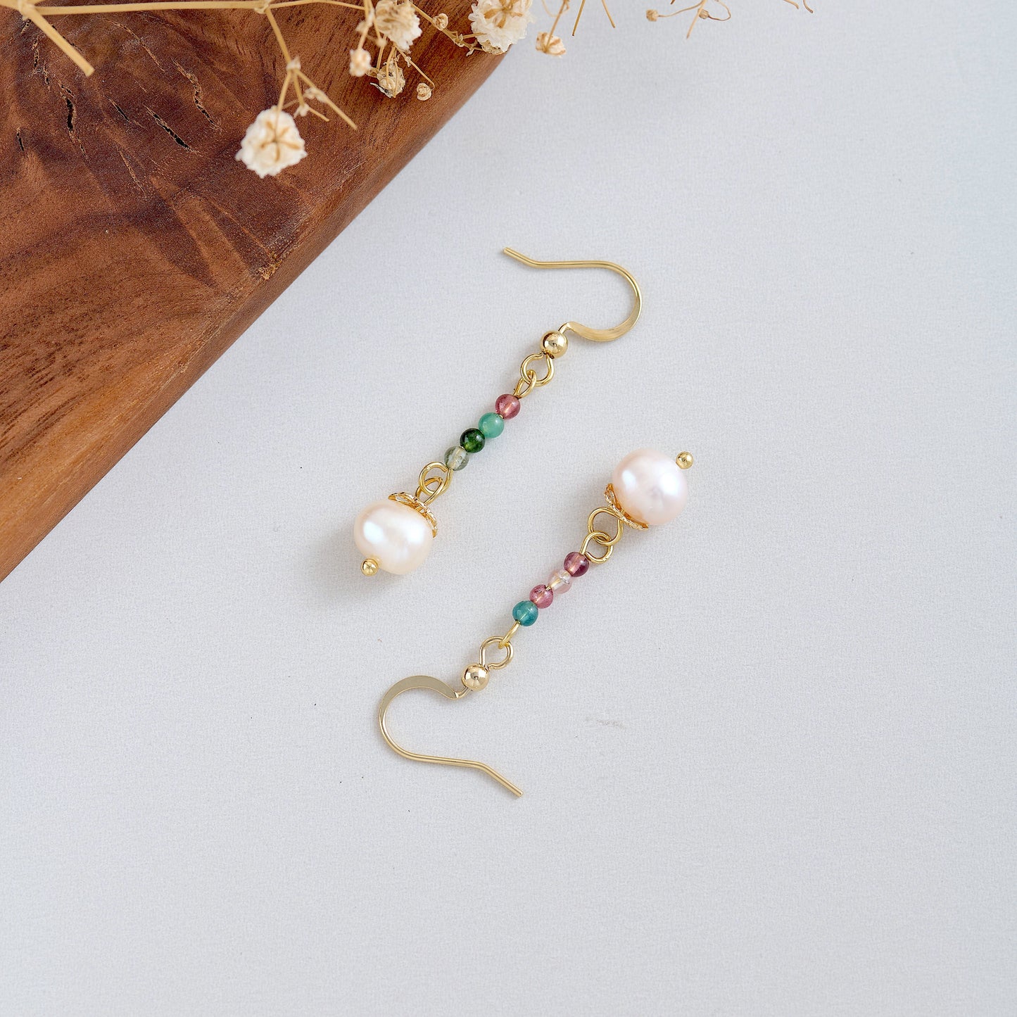 Handmade 14K Gold-Filled Wire Earrings with Natural Tourmaline & Freshwater Pearl