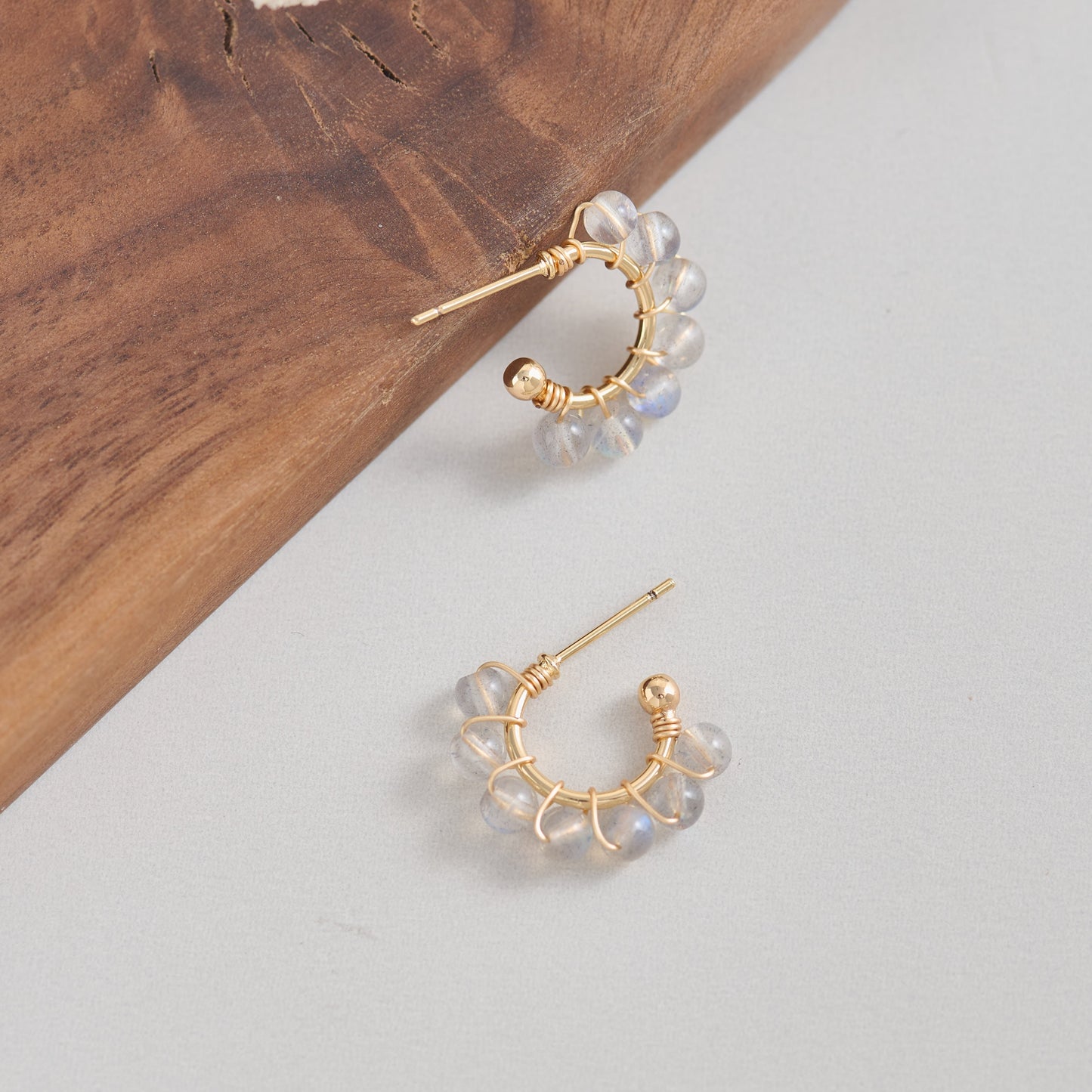 Natural Labradorite Hoop Earrings | Handmade 14K Gold-Filled Wire Wrapped | Delicate Minimalist Crystal Jewelry