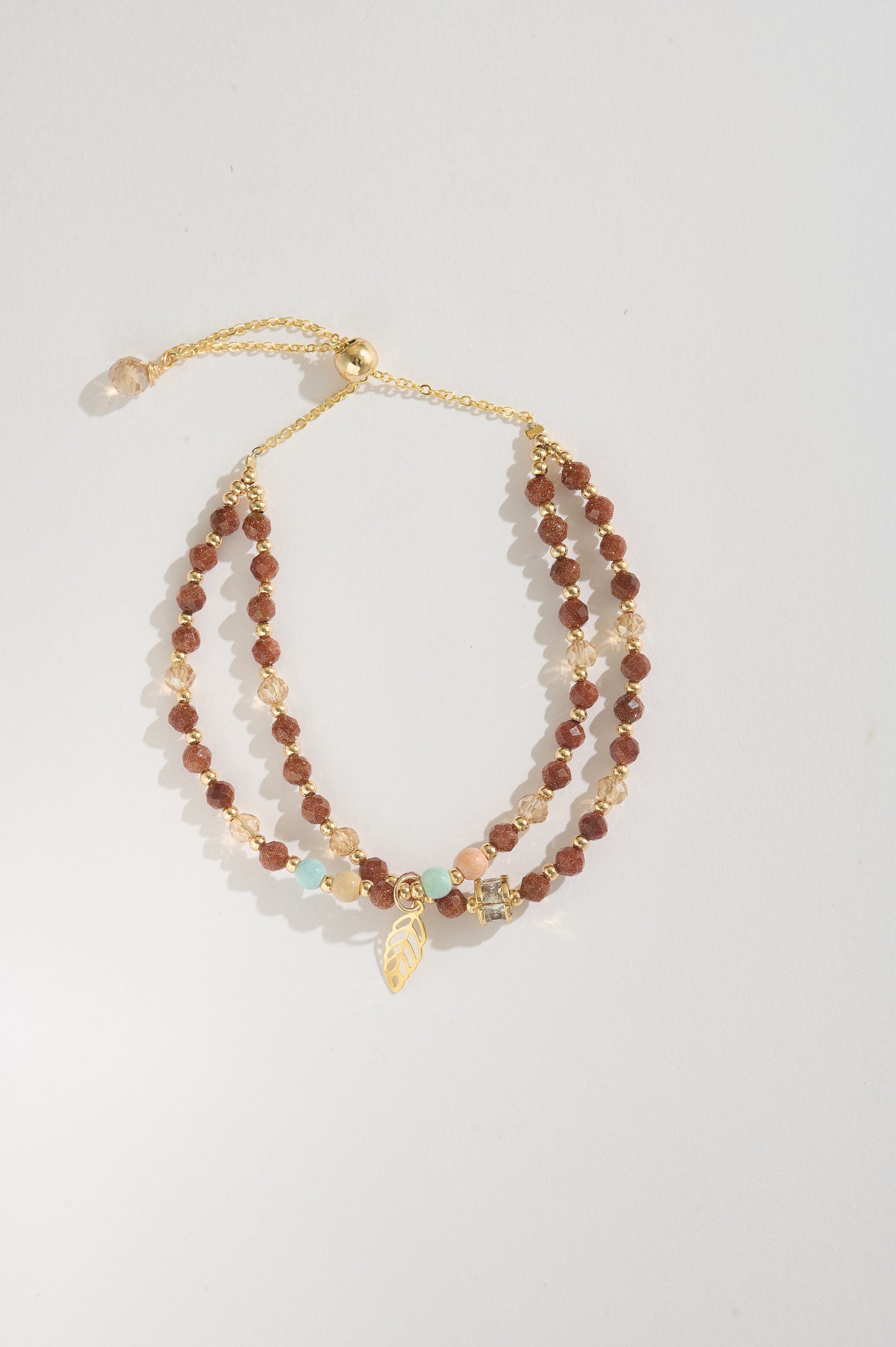Gold Sandstone & Rainbow Crystal Double-Layer Bracelet, 14K Gold Adjustable Bracelet, Healing Gemstone Bracelet, Gift for Her