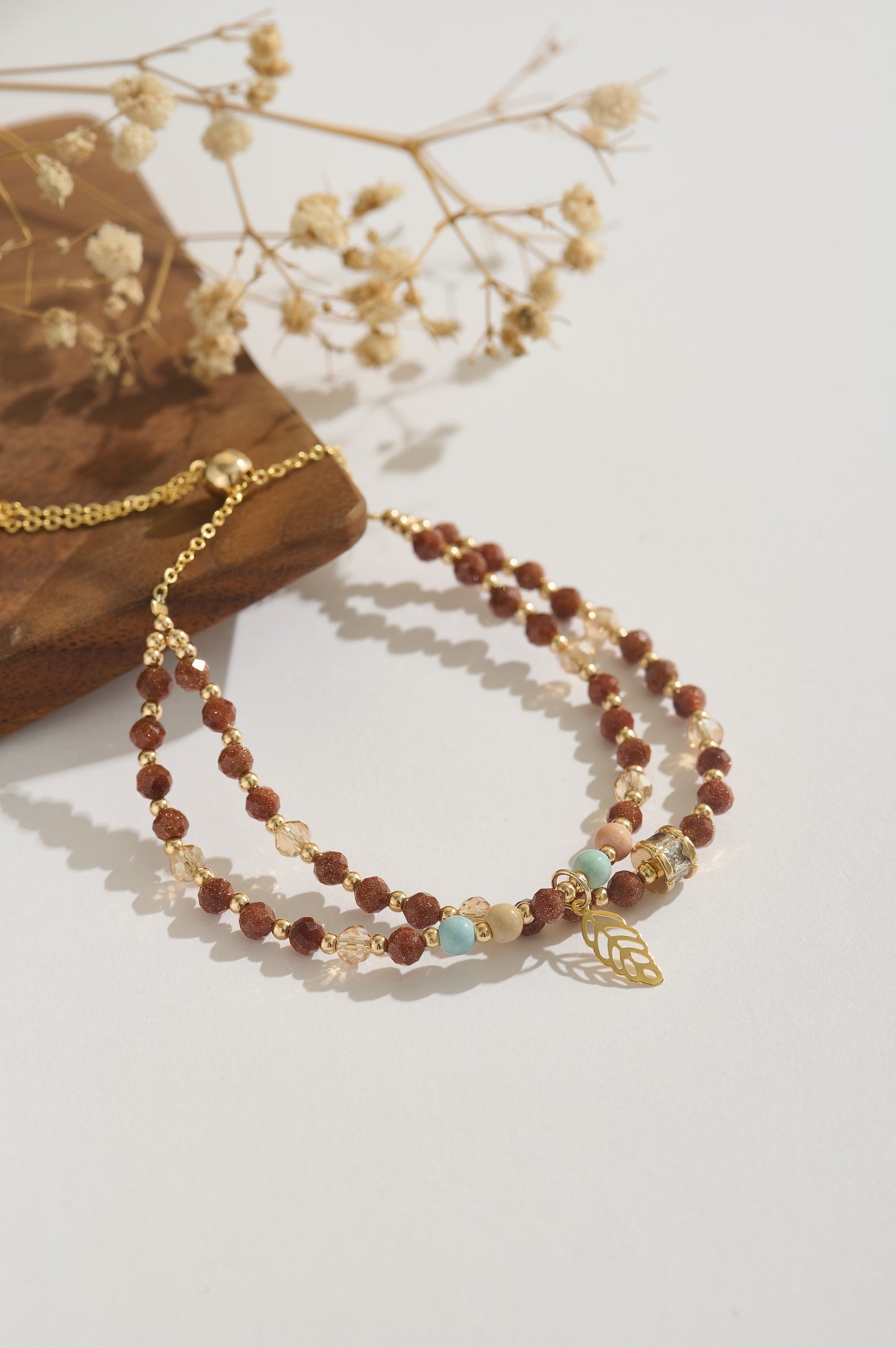 Gold Sandstone & Rainbow Crystal Double-Layer Bracelet, 14K Gold Adjustable Bracelet, Healing Gemstone Bracelet, Gift for Her