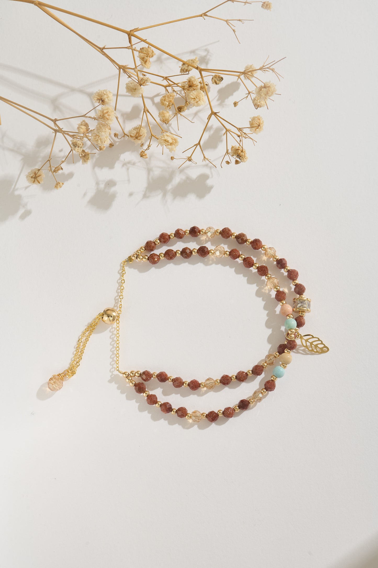Gold Sandstone & Rainbow Crystal Double-Layer Bracelet, 14K Gold Adjustable Bracelet, Healing Gemstone Bracelet, Gift for Her