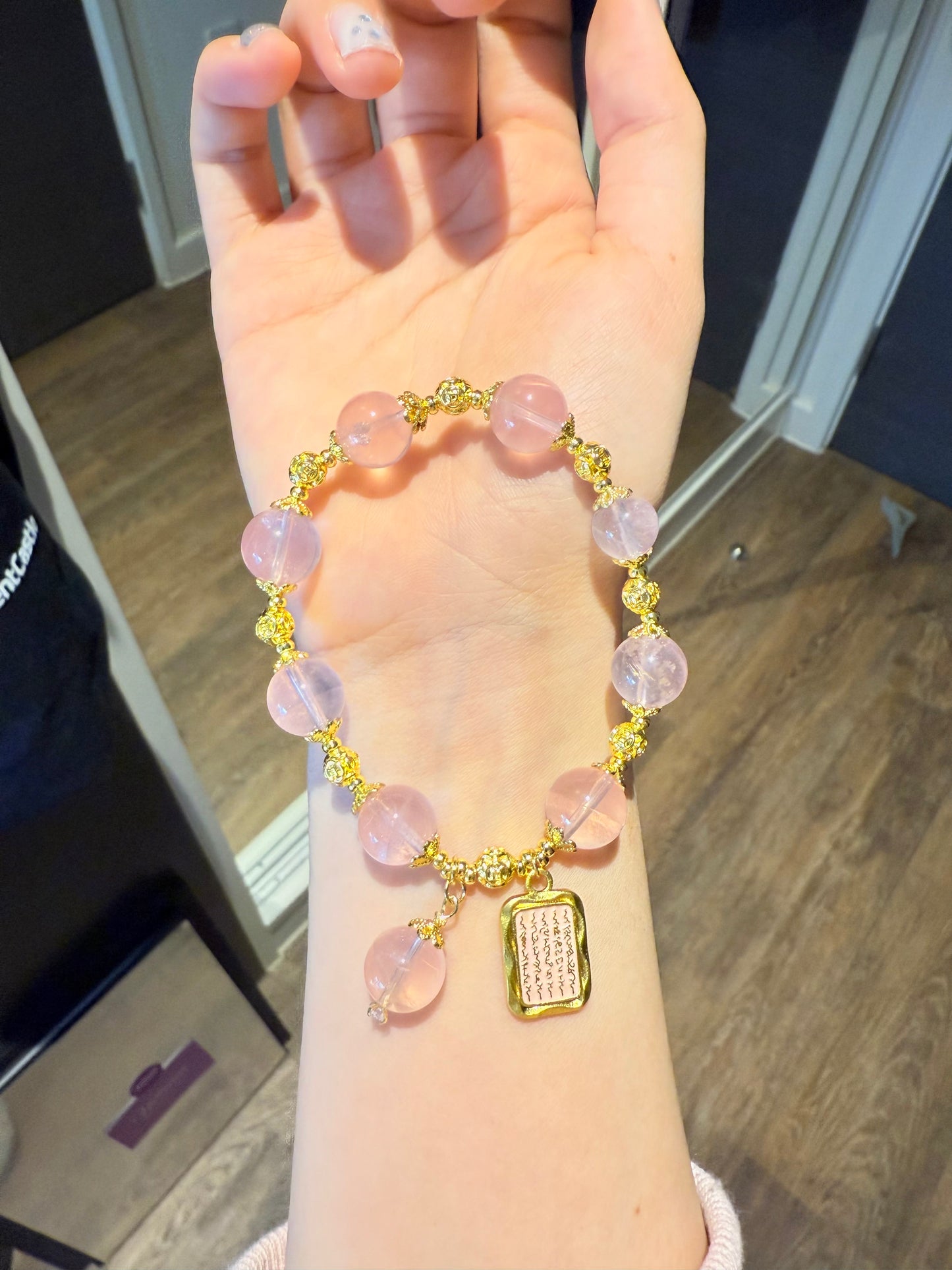 Charm Shield – Rose Quartz Bracelet with 14K Gold Pink Rune Talisman