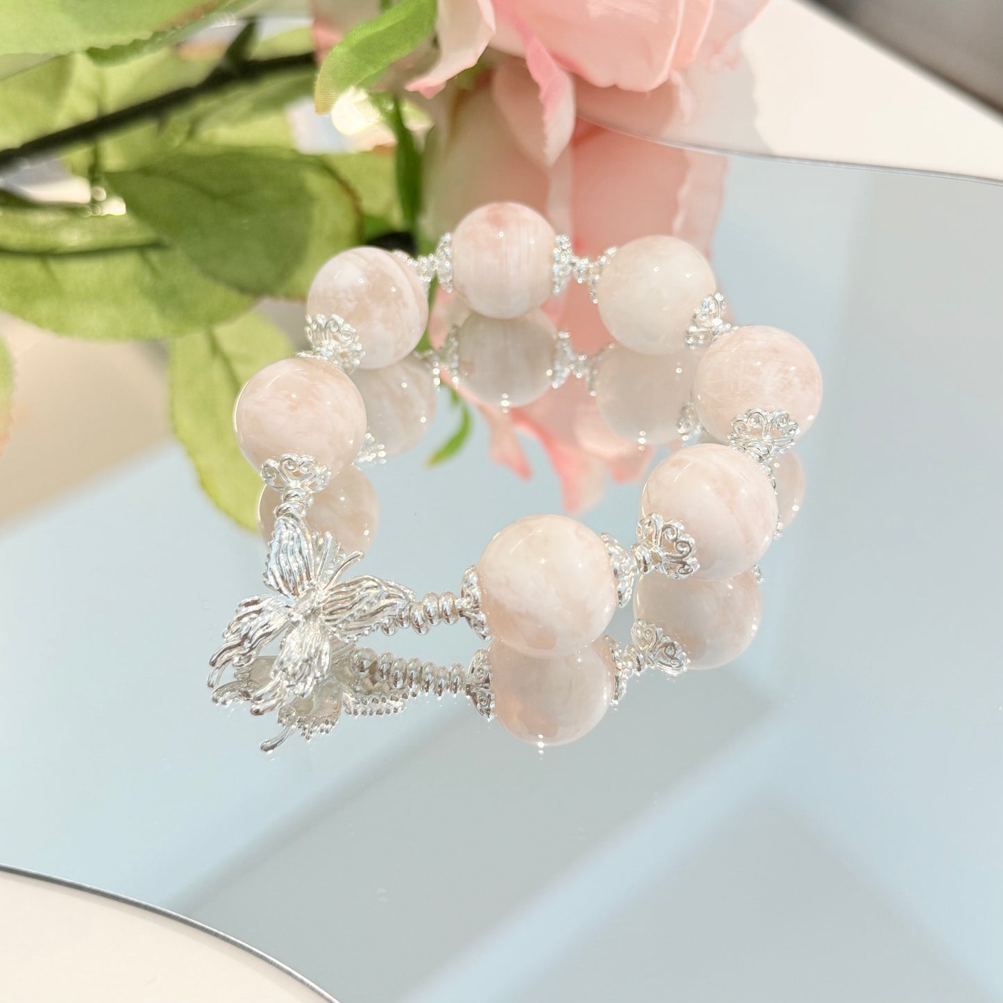 Pink Garden - Pink Phantom Quartz Bracelet with Sterling Silver & Butterfly Charm