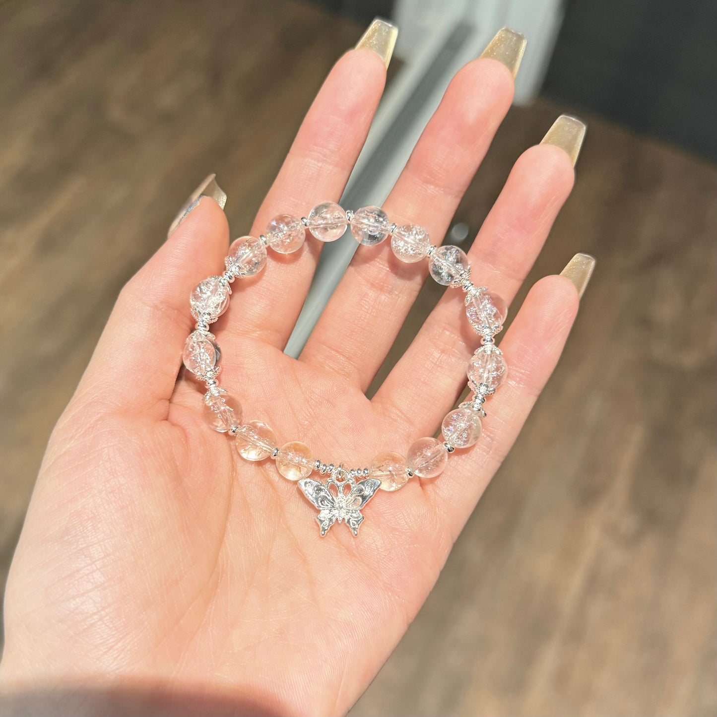 Rainbow Whisper – Himalayan Ice Quartz Bracelet with Sterling Silver Chain & Butterfly Charm