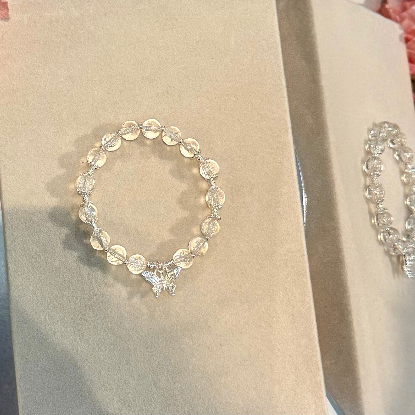 Rainbow Whisper – Himalayan Ice Quartz Bracelet with Sterling Silver Chain & Butterfly Charm
