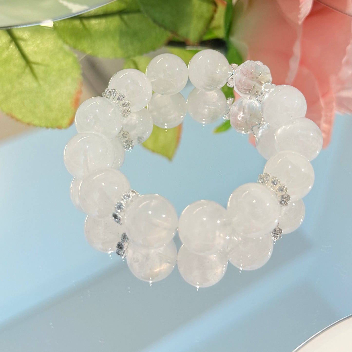 Snow Fox - White Phantom Quartz Bracelet with Carved Crystal Fox & Sterling Silver Accents