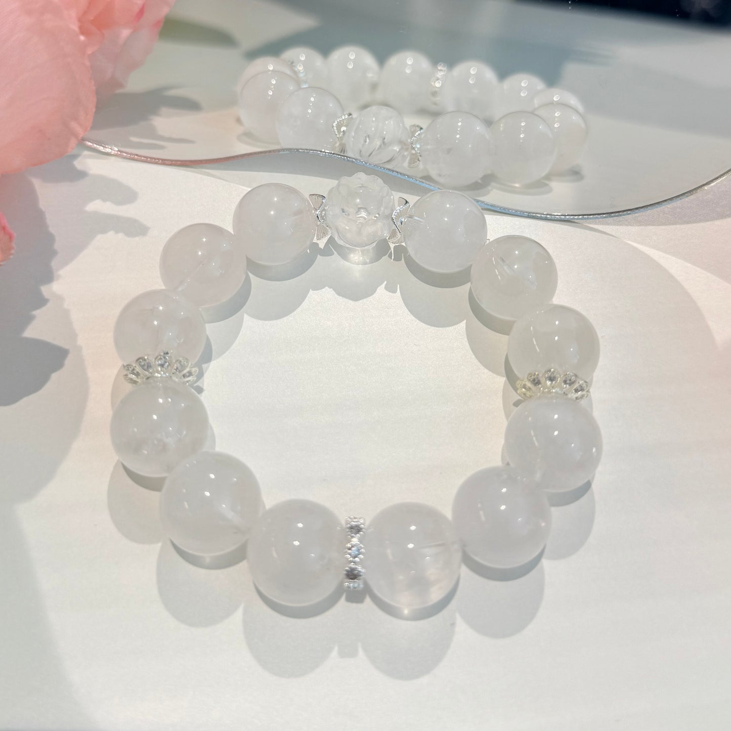 Snow Fox - White Phantom Quartz Bracelet with Carved Crystal Fox & Sterling Silver Accents