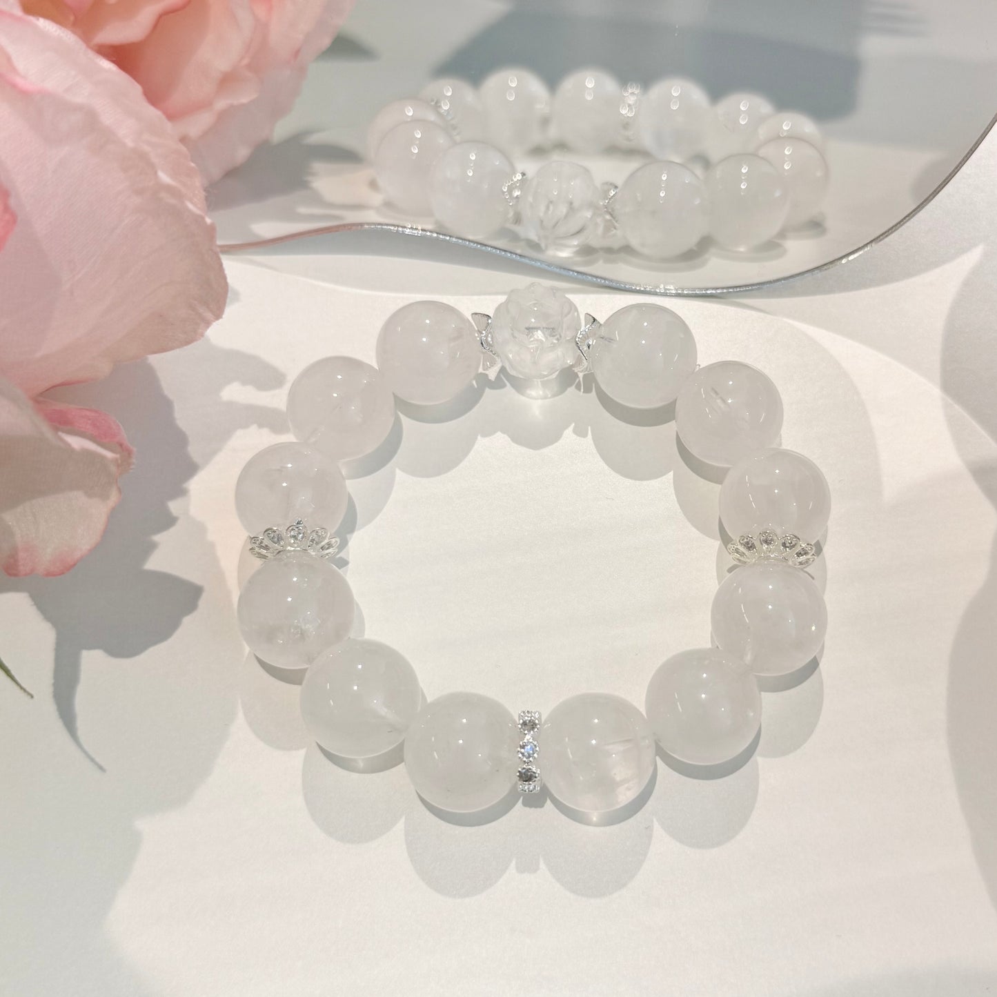 Snow Fox - White Phantom Quartz Bracelet with Carved Crystal Fox & Sterling Silver Accents