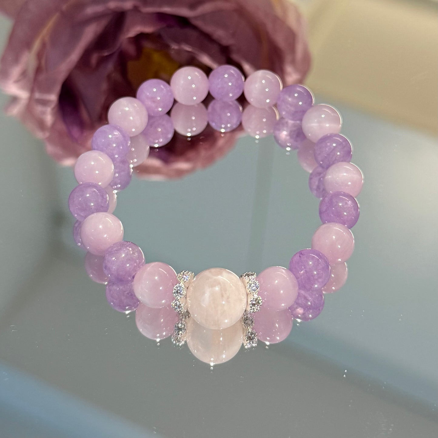 Royal Bloom – Lepidolite, Lavender Quartz & Pink Phantom Crystal Bracelet