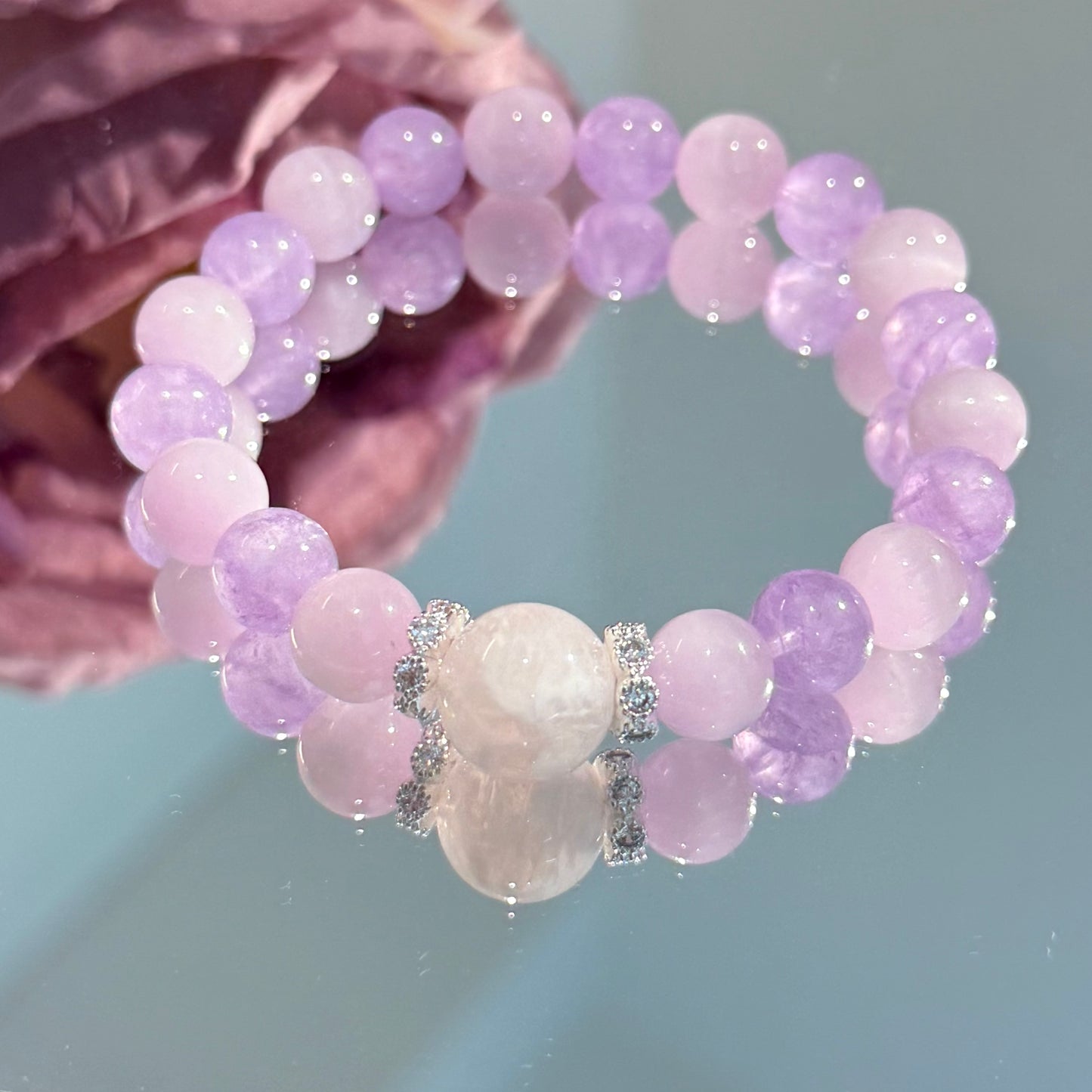 Royal Bloom – Lepidolite, Lavender Quartz & Pink Phantom Crystal Bracelet