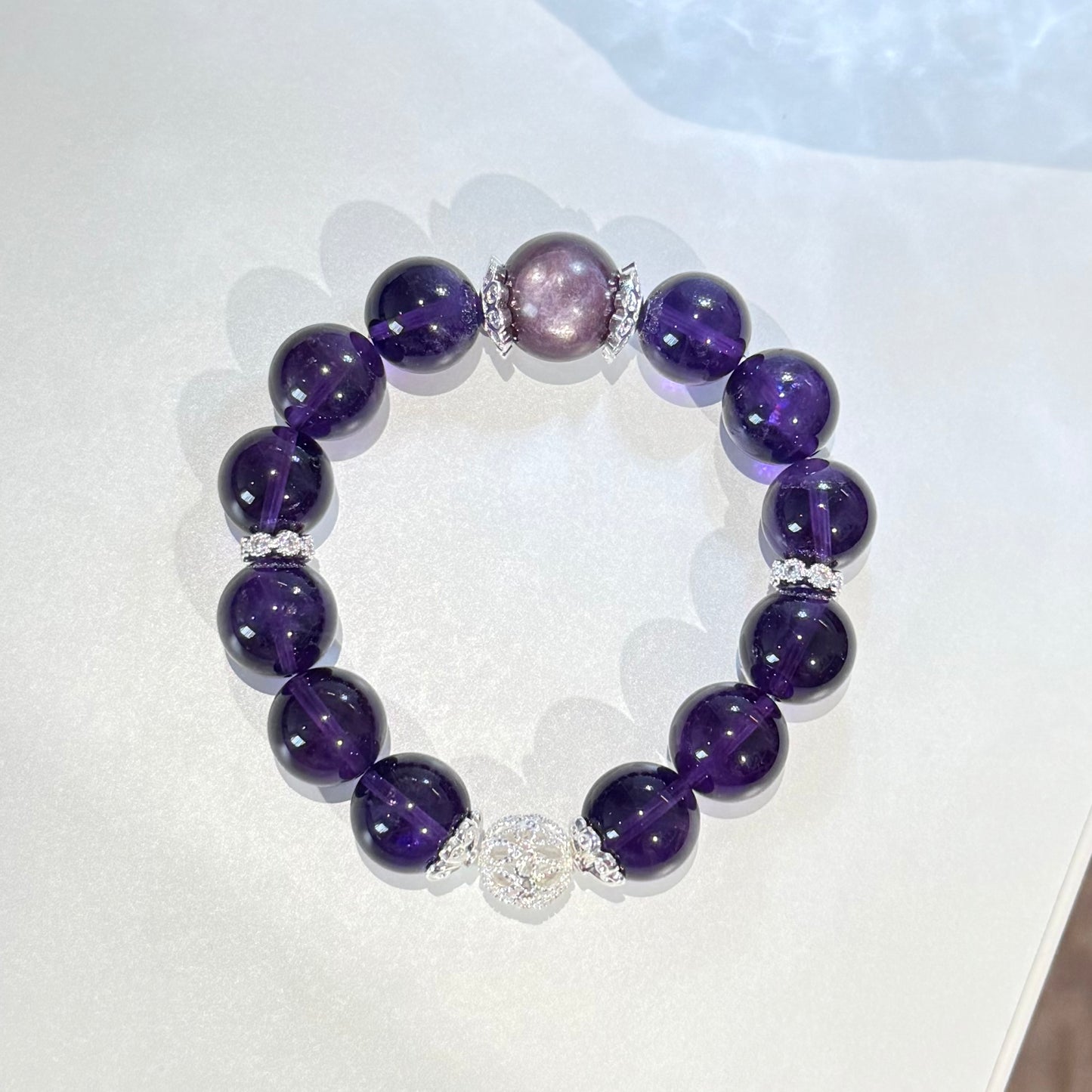 Amethyst Path – Uruguayan Amethyst & Lepidolite Bracelet with Sterling Silver Fortune Beads