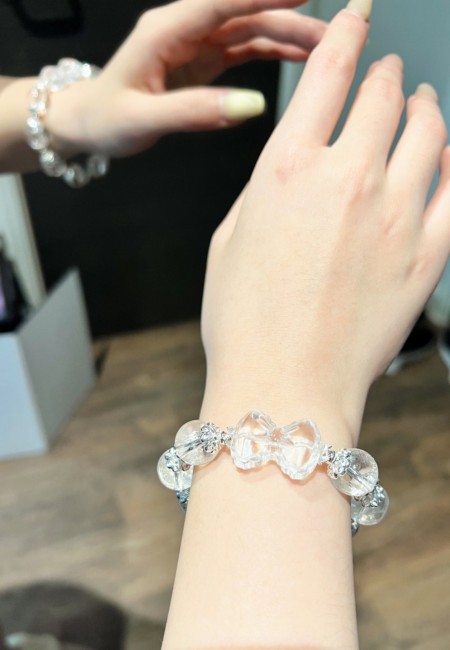 Crystal Grace – White Agate & Old-Mine Clear Quartz Bracelet with Carved Bow Centerpiece