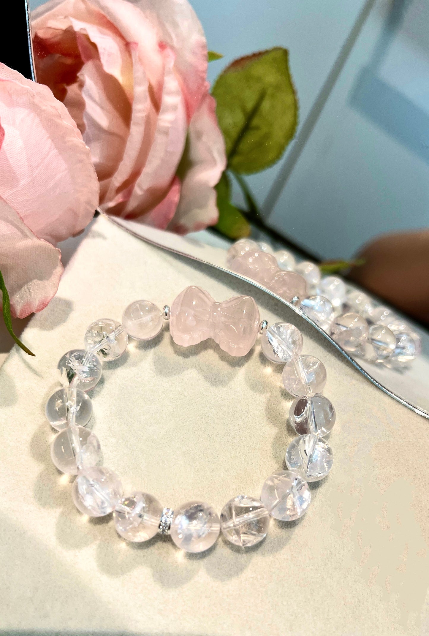 Blush Light – Pink A'Sei Quartz Bracelet with Carved Rose Quartz Bow