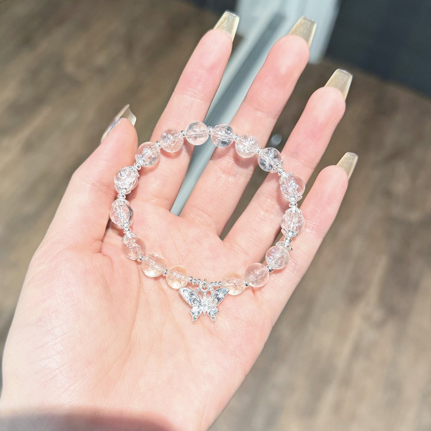 Rainbow Whisper – Himalayan Ice Quartz Bracelet with Sterling Silver Chain & Butterfly Charm