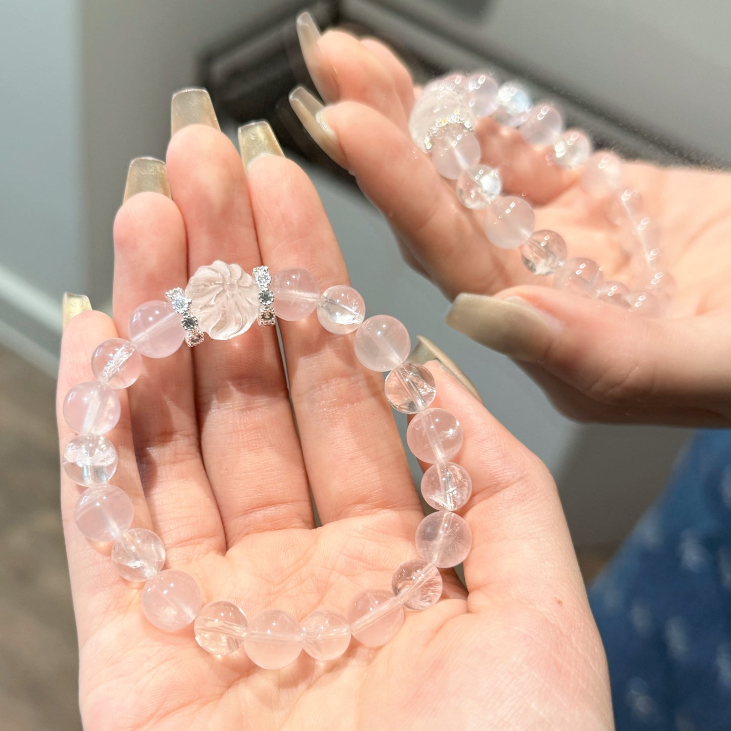 Fox of Love – Rose Quartz, Pink A'Sei & Clear Quartz Bracelet with Double-Sided Fox Charm
