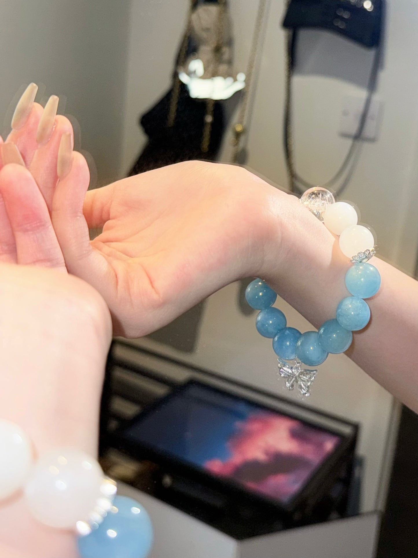 Mermaid's Tear – Aquamarine, Moonstone & Himalayan Quartz Bracelet with Sterling Silver Butterfly