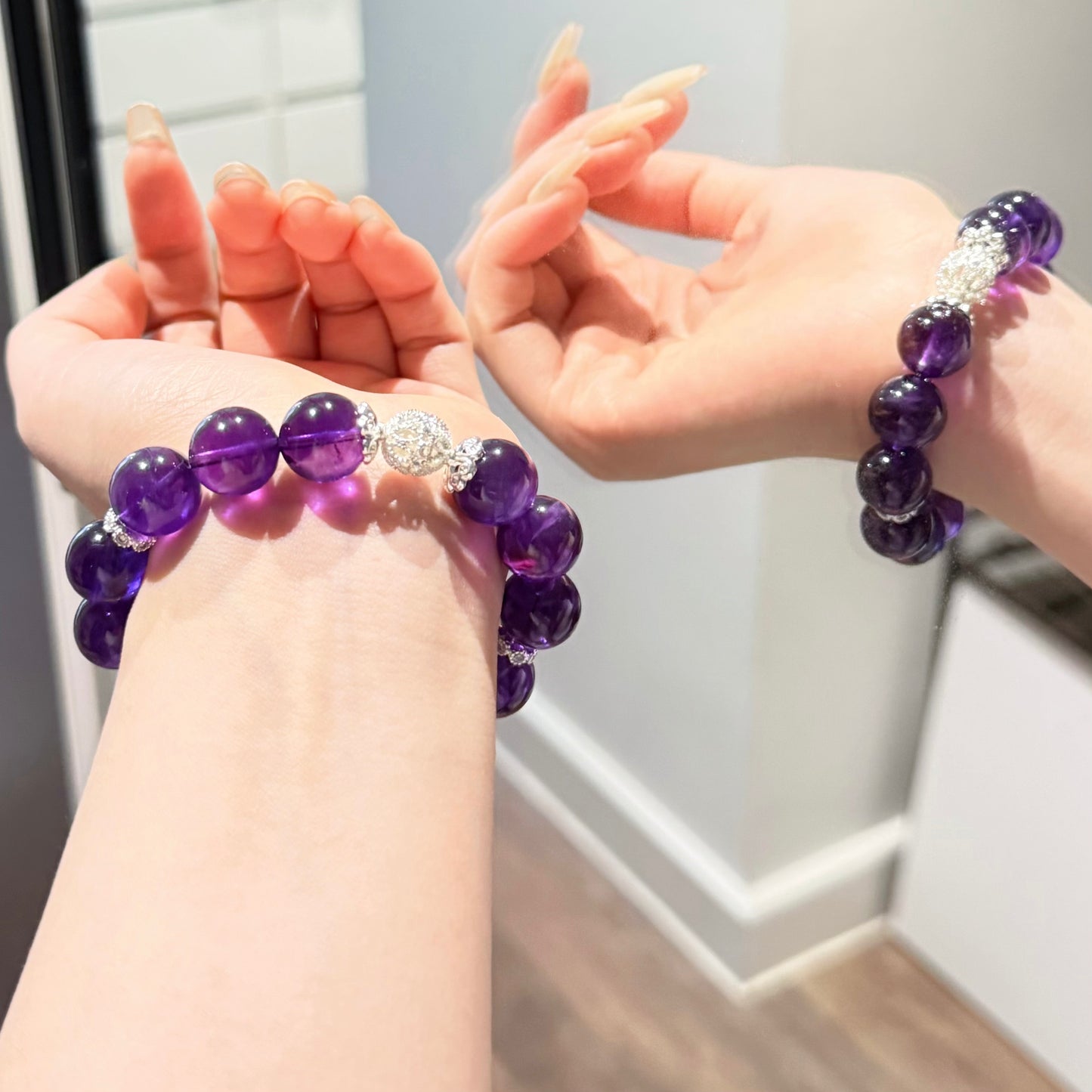 Amethyst Path – Uruguayan Amethyst & Lepidolite Bracelet with Sterling Silver Fortune Beads