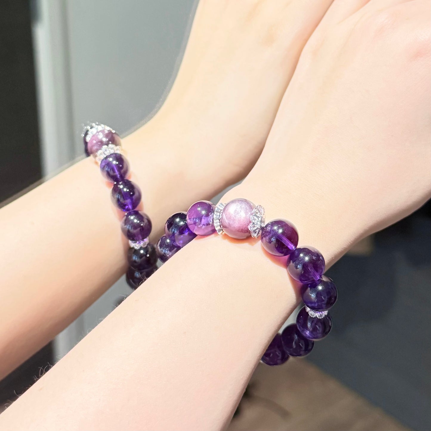 Amethyst Path – Uruguayan Amethyst & Lepidolite Bracelet with Sterling Silver Fortune Beads