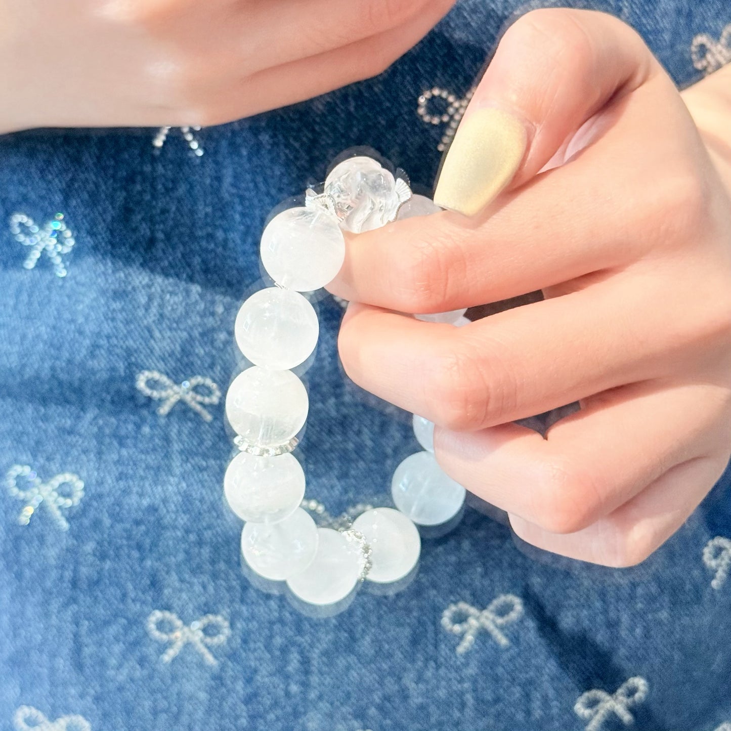 Snow Fox - White Phantom Quartz Bracelet with Carved Crystal Fox & Sterling Silver Accents