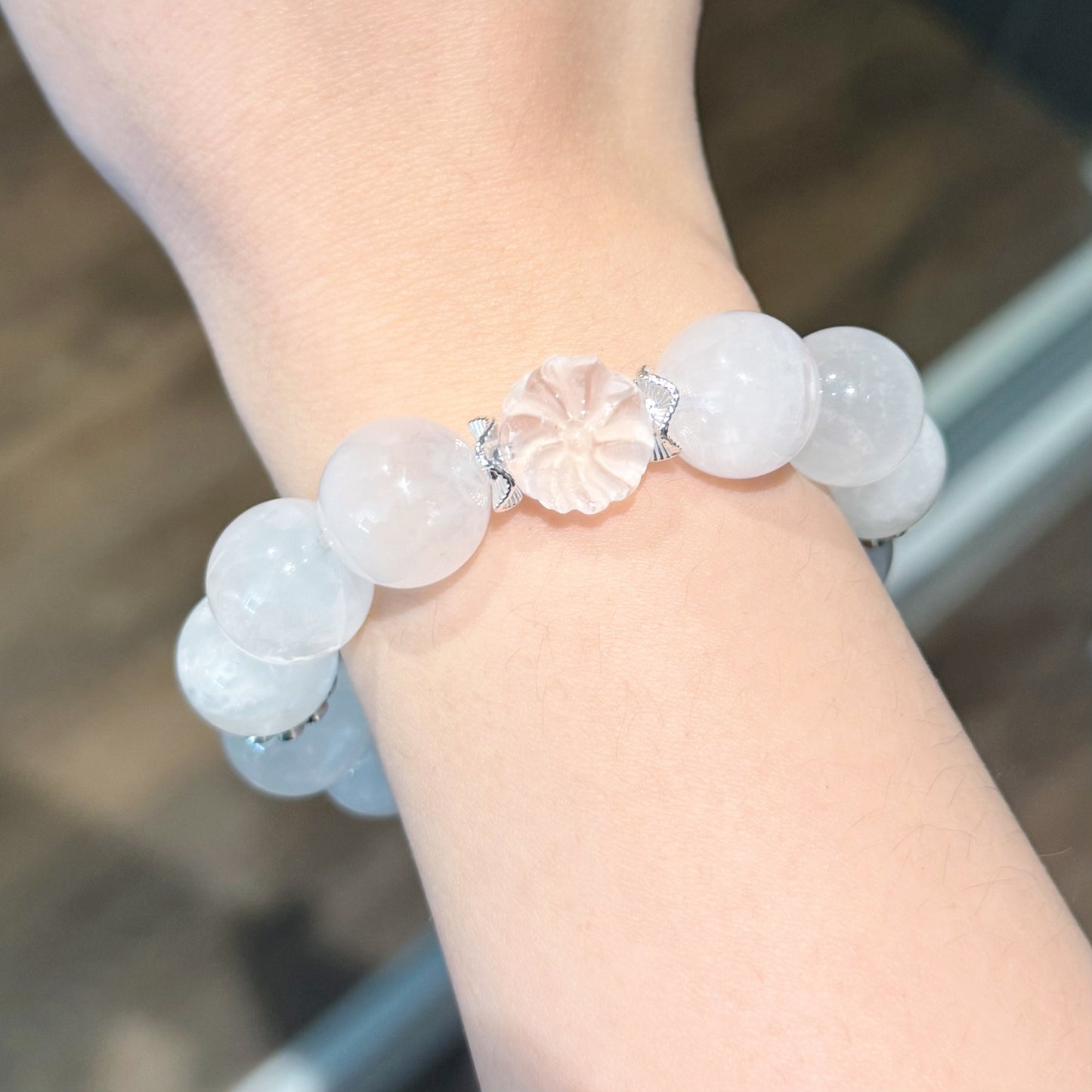 Snow Fox - White Phantom Quartz Bracelet with Carved Crystal Fox & Sterling Silver Accents