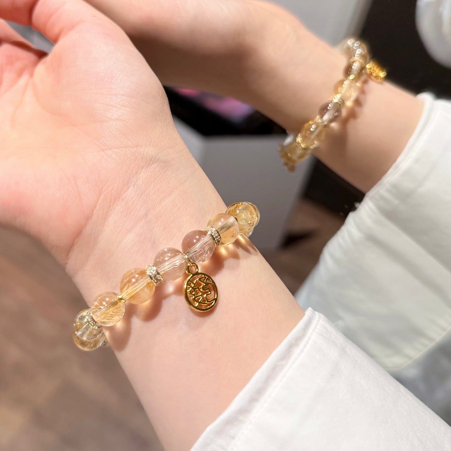Golden Bloom – Citrine A’Sei & Rutilated Quartz Bracelet with 14K Fortune Charm
