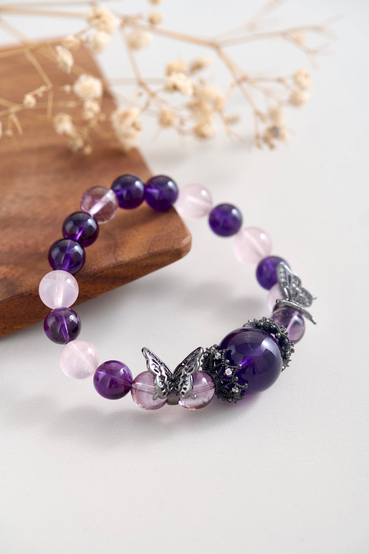 Premium High Quality! Violet Garden Crystal Bracelet – Amethyst & Rose Quartz Elegance