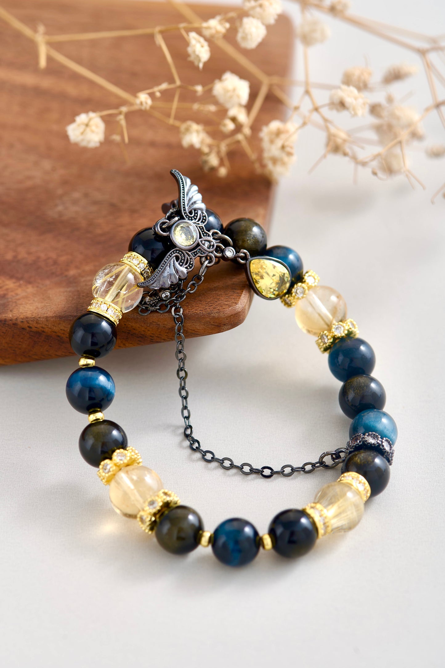 Midnight Glow Crystal Bracelet – Citrine & Blue Tiger Eye Wealth Protection Charm