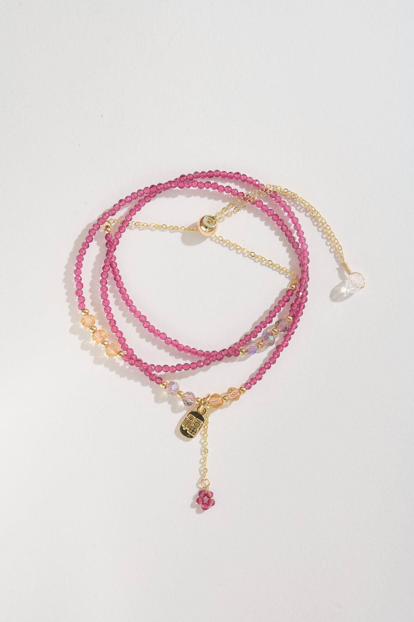 Pink Spinel Gemstone Bracelet, Lucky Charm Fu Symbol, 14K Gold Adjustable Double Layer Bracelet, Gift for Her