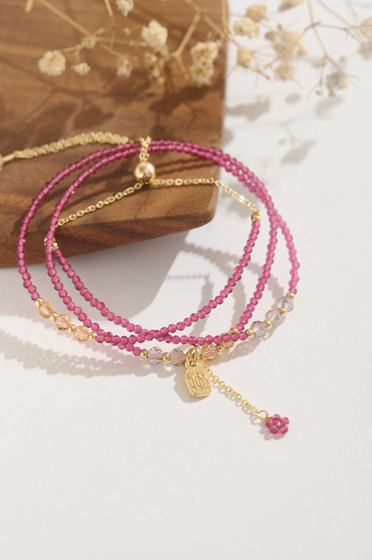 Pink Spinel Gemstone Bracelet, Lucky Charm Fu Symbol, 14K Gold Adjustable Double Layer Bracelet, Gift for Her