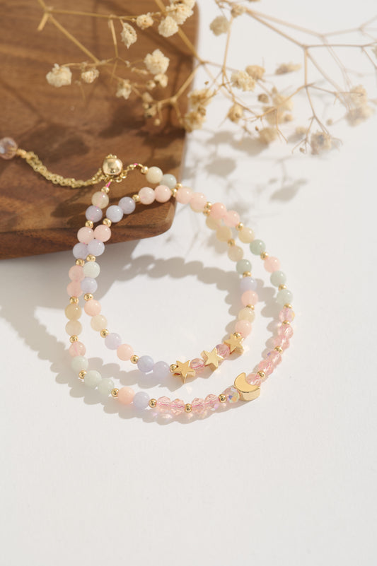 Handmade Morganite & Chalcedony Bracelet, Pastel Gemstone Moon and Stars Bracelet, 14K Gold-filled Adjustable Jewelry, Gift for Her