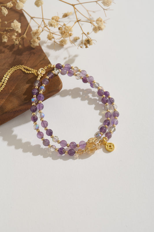 Handmade Amethyst & Citrine Bracelet, Adjustable Double-layer Crystal Bracelet, 14K Gold-filled Prosperity Charm Jewelry, Gift for Her