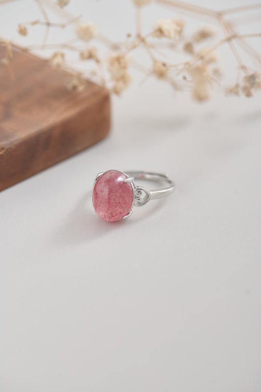 Attract Love & Romance Natural Strawberry Quartz Ring in Sterling Silver – Oval Cabochon Gemstone Ring with Elegant Scroll Design – Handmade Crystal Jewelry for Women