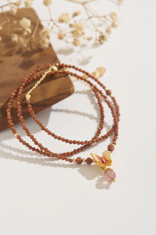 Handmade Shiny Goldstone & Strawberry Quartz Bracelet with Butterfly Charm, 14K Gold-filled Adjustable Jewelry