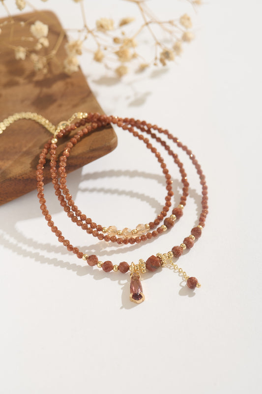 Handmade 14K Gold-Filled Shimmering Goldstone Beaded Bracelet Set with Citrine Crystal Accent, Adjustable Multi-Layer Wrap Bracelet