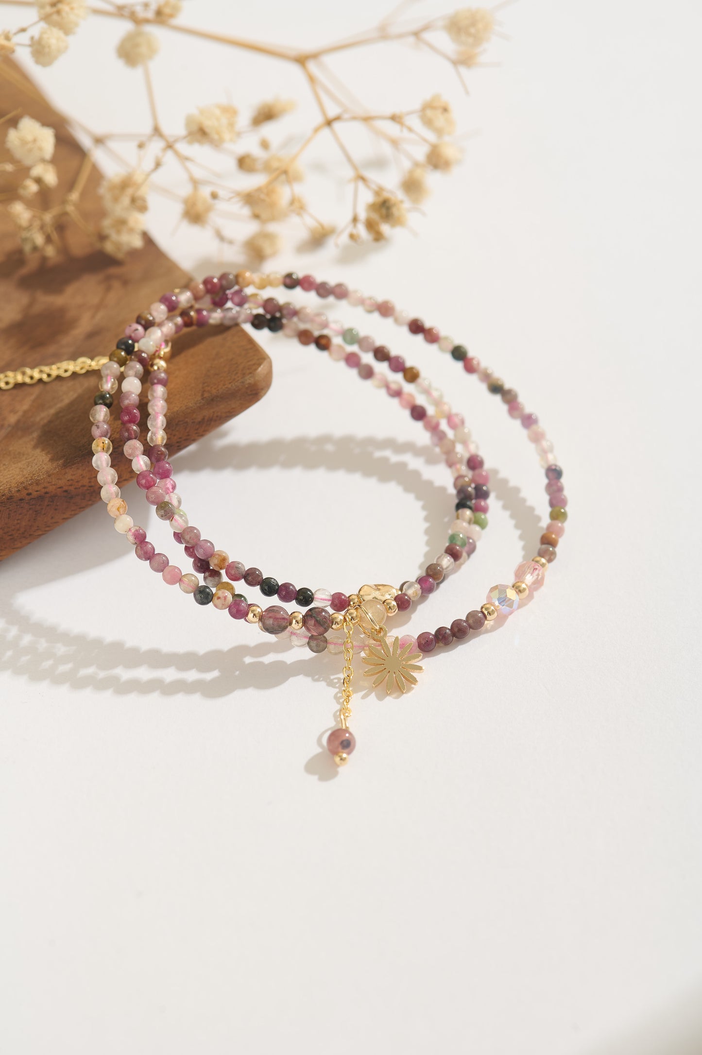 14K Gold Filled Multicolor Tourmaline Beaded Bracelet – Adjustable Triple Wrap, Natural Healing Stone Jewelry