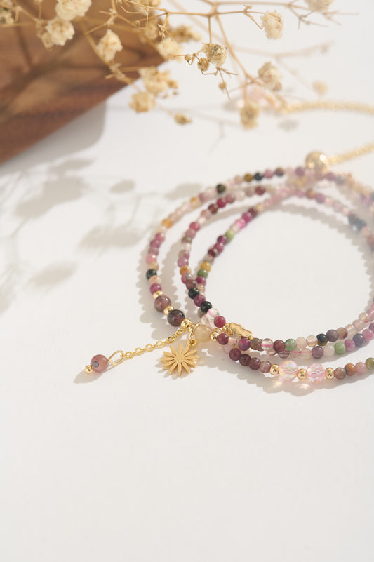 14K Gold Filled Multicolor Tourmaline Beaded Bracelet – Adjustable Triple Wrap, Natural Healing Stone Jewelry