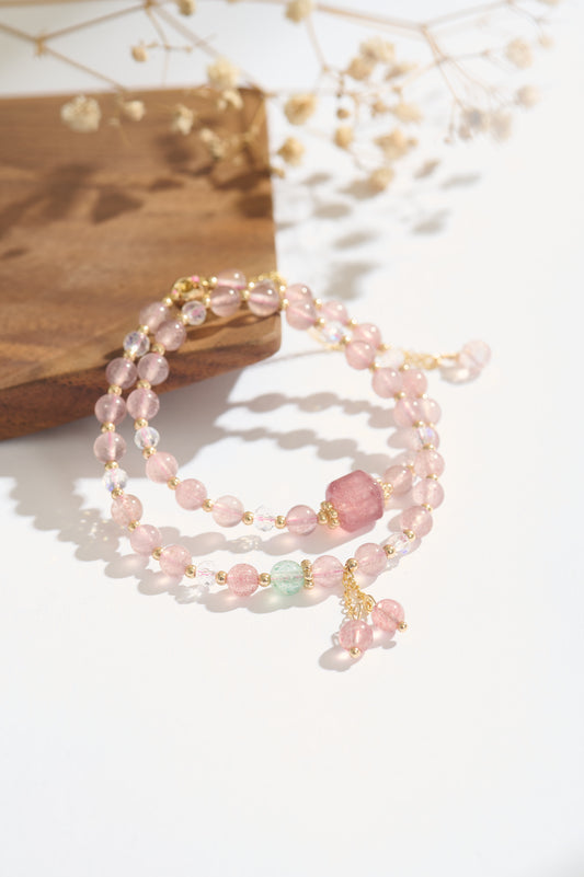 Natural Strawberry Quartz Beaded Bracelet – Double Wrap Design with Tourmaline Accents and 14K Gold-Filled Details