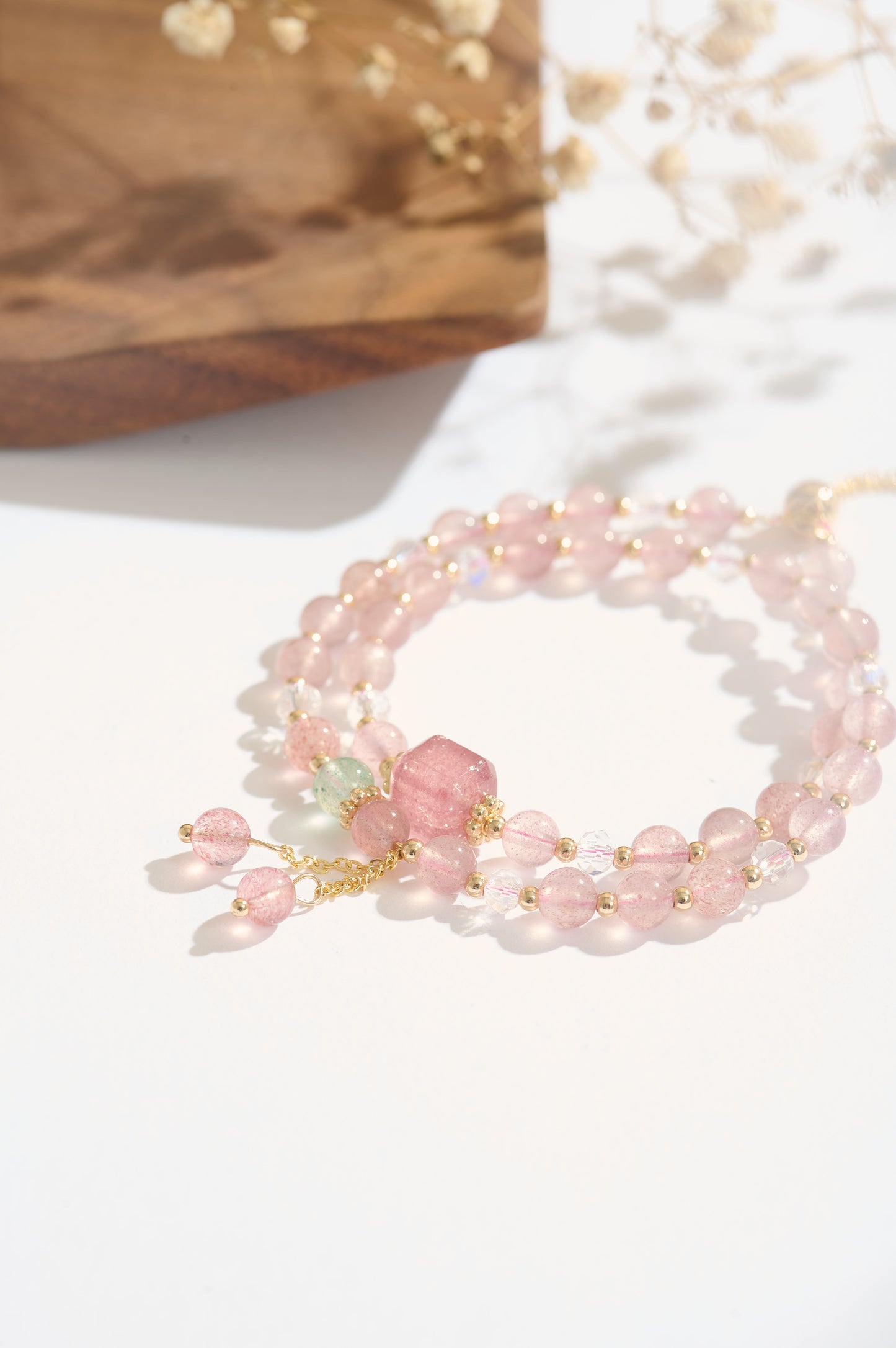 Natural Strawberry Quartz Beaded Bracelet – Double Wrap Design with Tourmaline Accents and 14K Gold-Filled Details