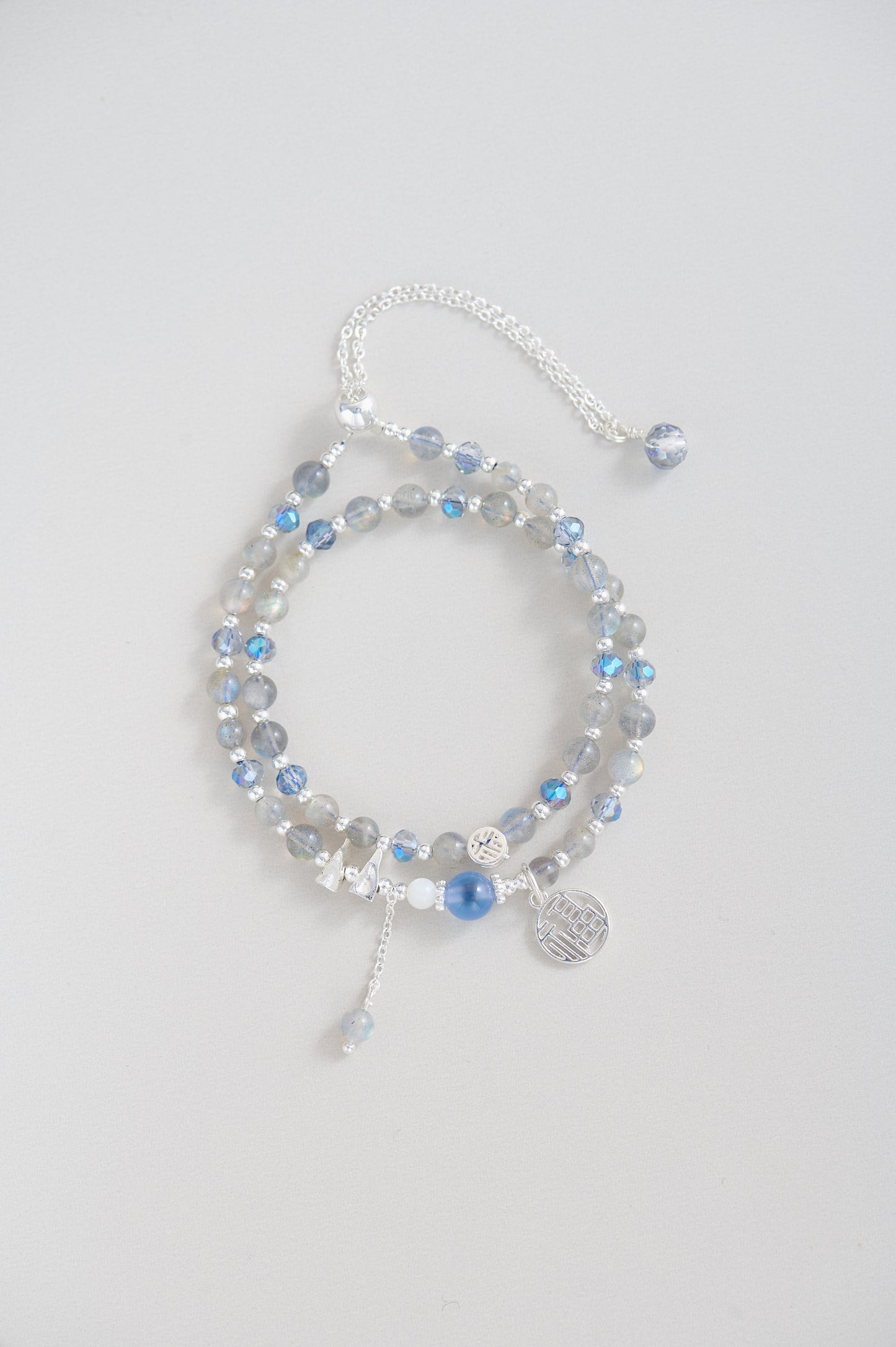 Moonstone & Blue Agate Multi-Layer Bracelet – Adjustable Double Wrap with Silver Charms, Elegant Gift for Her