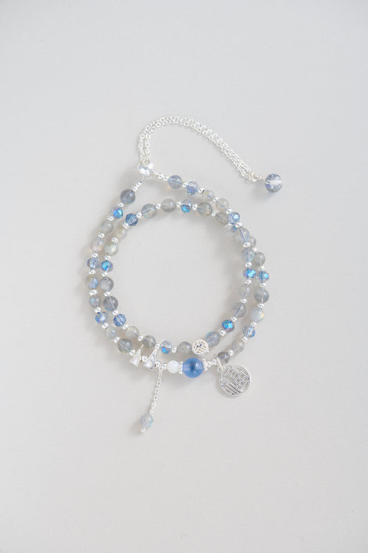 Moonstone & Blue Agate Multi-Layer Bracelet – Adjustable Double Wrap with Silver Charms, Elegant Gift for Her