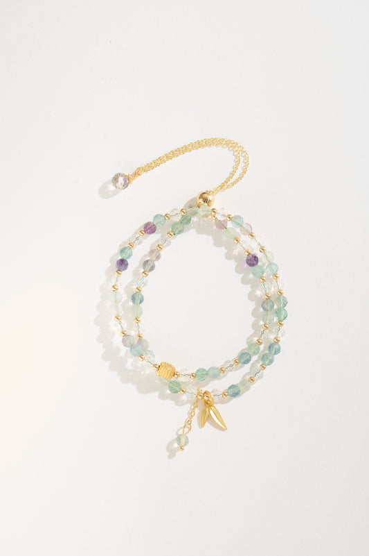 Handmade Green Multicolor Fluorite Double Layer Bracelet – Natural Fluorite Beads with Gold-Plated Accents and Leaf Charms