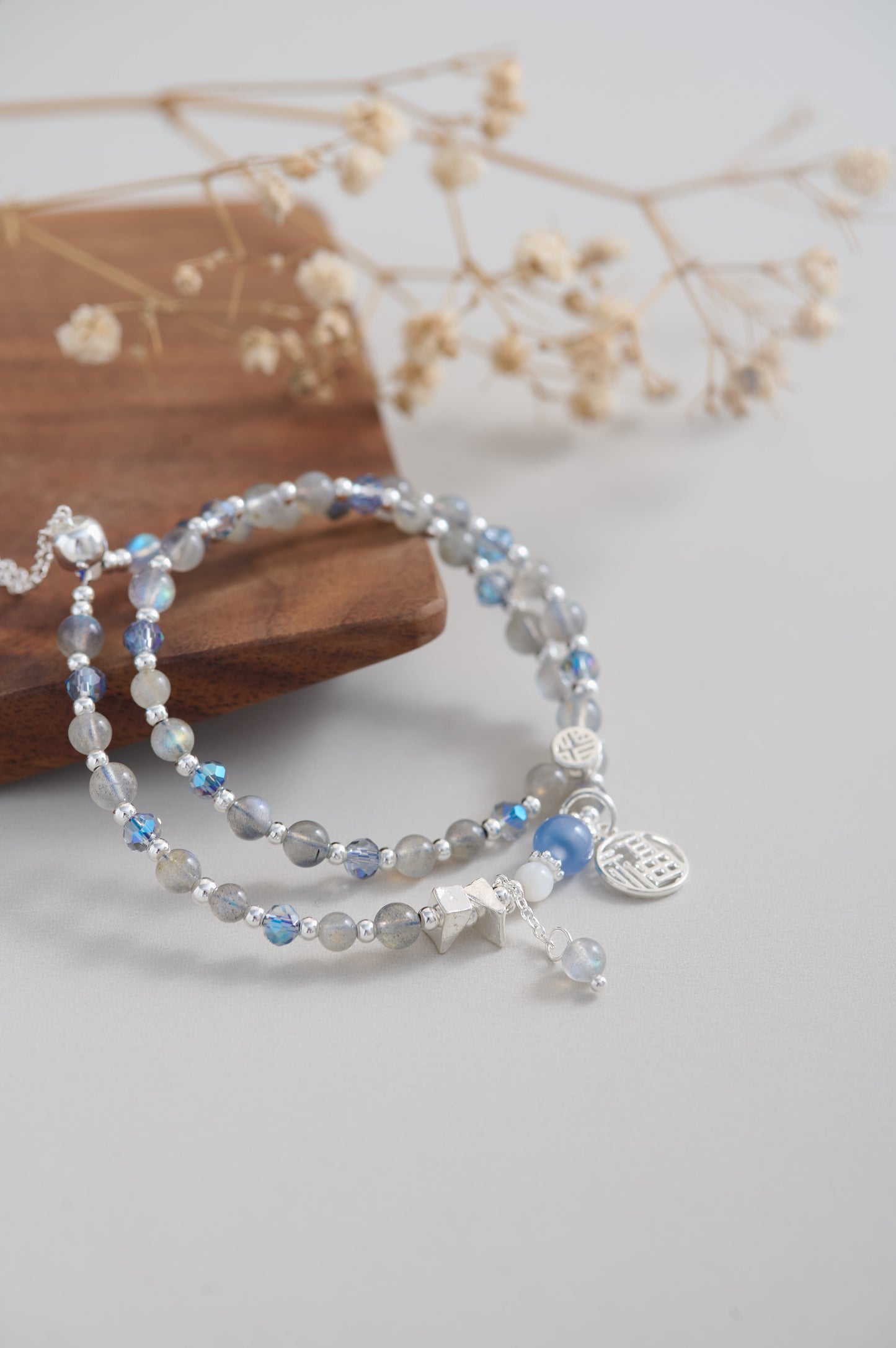 Moonstone & Blue Agate Multi-Layer Bracelet – Adjustable Double Wrap with Silver Charms, Elegant Gift for Her