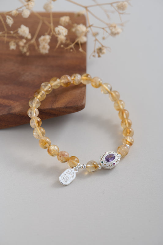 Natural Citrine Yellow Quartz Bead Bracelet – Handmade Prosperity Crystal with Sterling Silver Amulet Charm & Amethyst Accent – Wealth & Energy Gemstone Jewelry